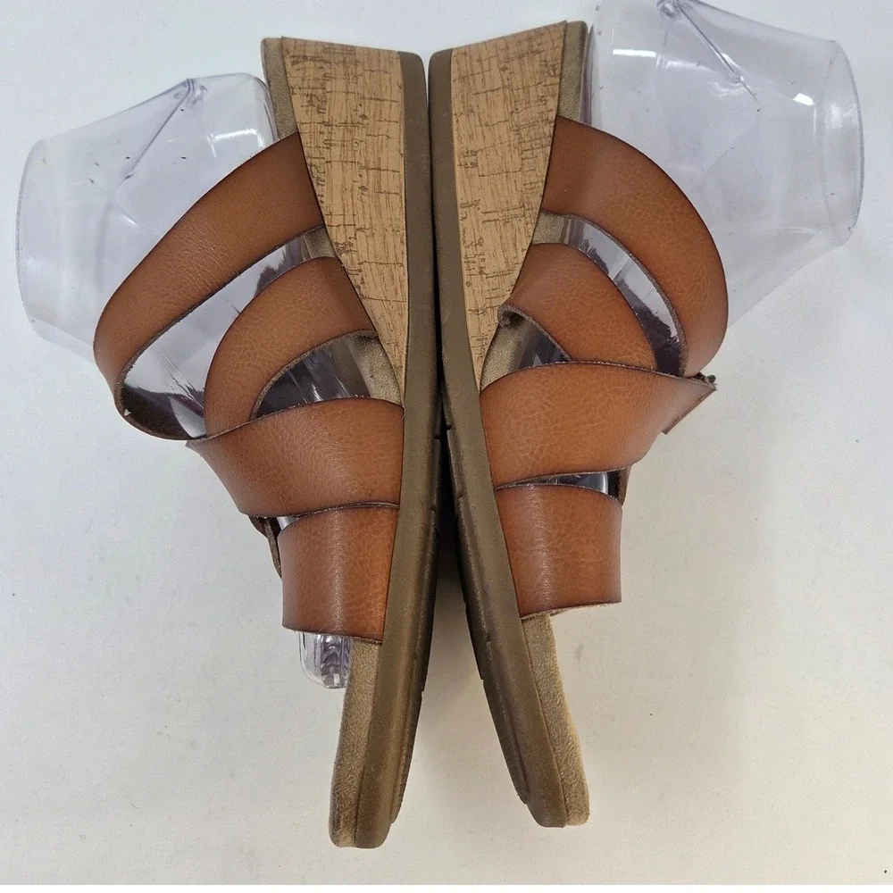 Bjorndal Womens Tan Cognac Strappy Cork Wedge Sandals Hook Loop Closure Size 10